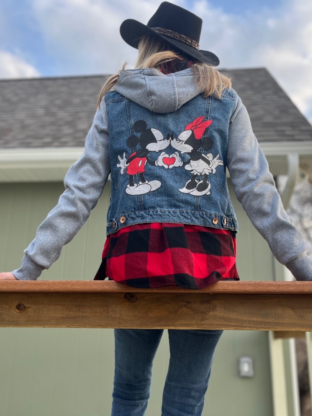 Mickey Mouse Denim Jean Jacket Red Plaid